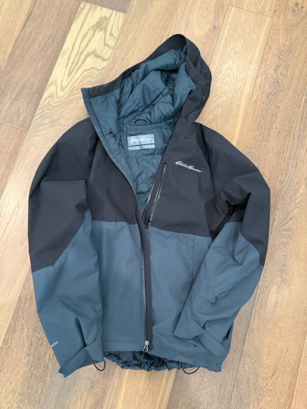 Eddie Bauer WeatherEdge Two-Tone Black and Slate Hooded Jacket